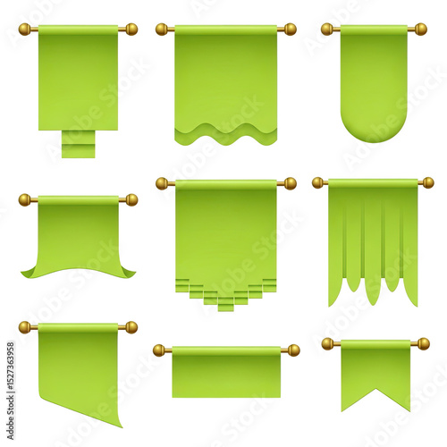 Collection of Decorative Green Banners and Pennants: Vintage Style Flags with Golden Rods on a Seamless Black Background for Game Design, Historical Renderings, and Promotional Imagery.