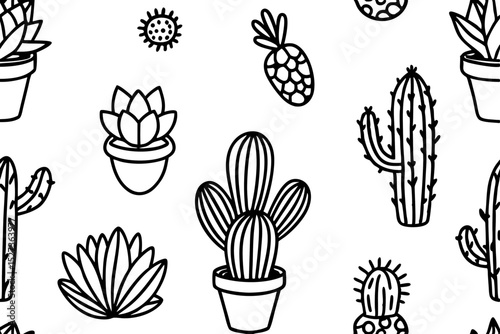 Seamless pattern of hand drawn cacti succulents and pineapples