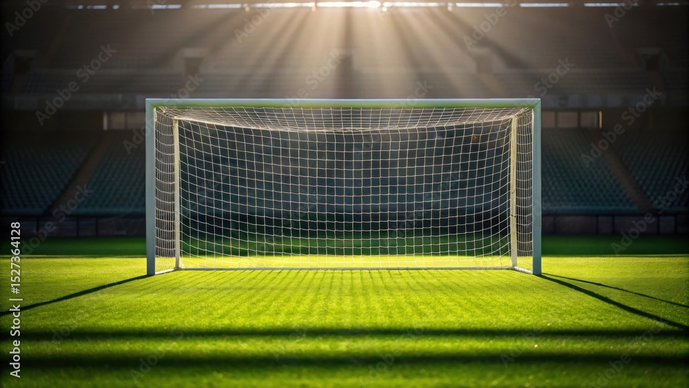 Fototapeta premium A soccer goal illuminated by sunlight on a lush green field in an empty stadium.