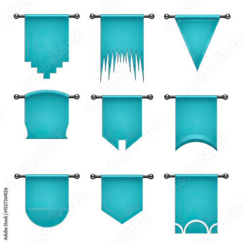 Collection of Decorative Blue Pennants and Banners with Varied Shapes on Black Background, Ideal for Heraldry, Medieval Themes, Game Assets, and Design Elements in Vector Style