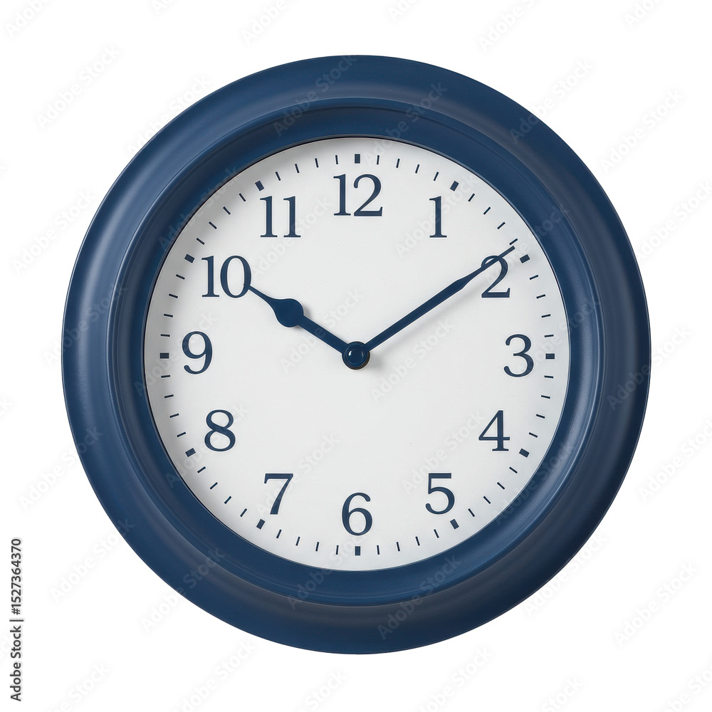 Classic round wall clock displaying time with blue frame against a plain background Classic round wall clock displaying time with blue frame against a plain background