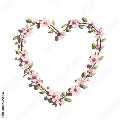 A floral frame of cherry blossoms and green leaves with an empty center, delicate and artistic. Artistic, elegant, and intricate.