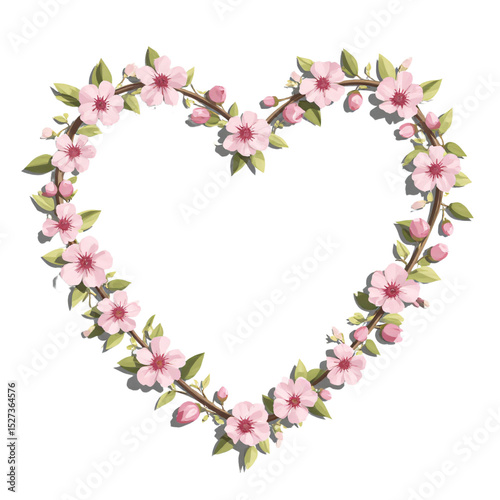 A floral frame of cherry blossoms and green leaves with an empty center, delicate and artistic. Artistic, elegant, and intricate.