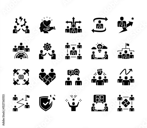Team building icon collection set. Containing collaboration, trust, communication, leadership, motivation, problem solving, cooperation icon. Simple flat vector.