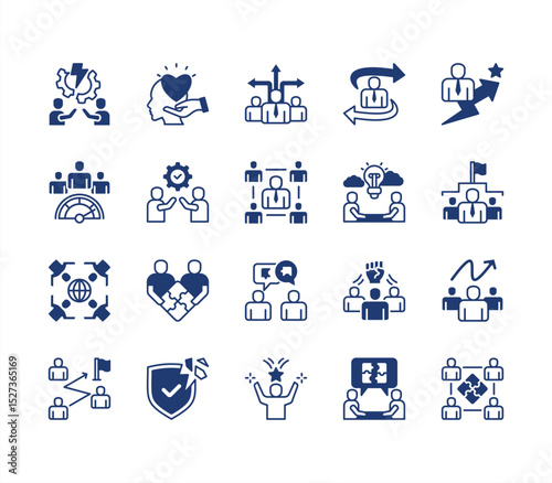 Team building icon collection set. Containing collaboration, trust, communication, leadership, motivation, problem solving, cooperation icon. Simple flat vector.