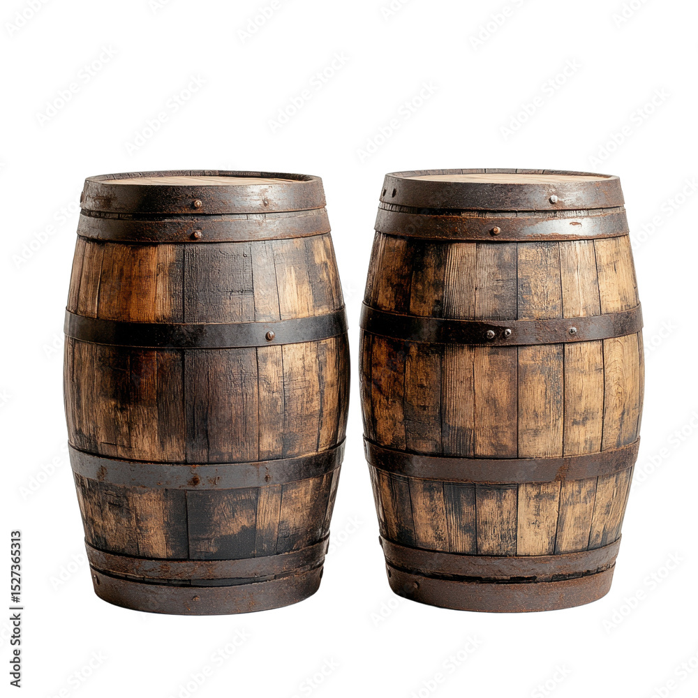 Obraz premium Two dark brown oak barrels for storing isolated on transparent background.