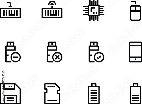 Computer Peripheral Icons Keyboard, Mouse, CPU, USB, Memory Card, Battery - EPS Vector Illustrations