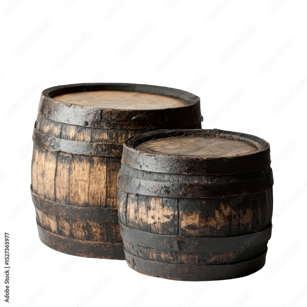 Fototapeta premium Two dark brown oak barrels for storing isolated on transparent background.