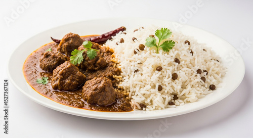 Meat Curry with Garnish, Savory Rice, and Fresh Vegetables