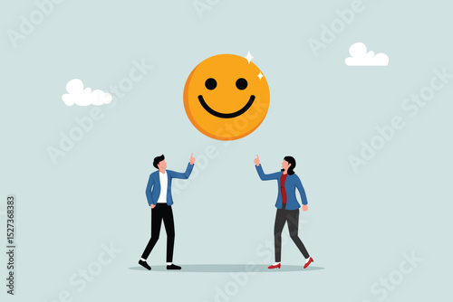 Employee happiness, job satisfaction or company benefit, happy workplace or positive attitude, work motivation concept, happy businessman and woman holding smiling face symbol in joyful workplace.