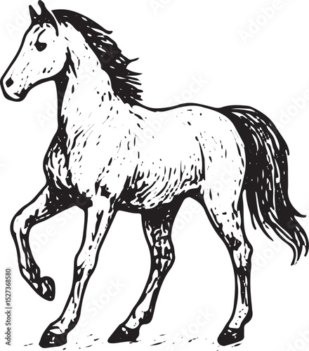 A highly detailed black and white horse illustration, capturing its grace and strength. The flowing mane and dynamic pose enhance its elegance, making it ideal for artistic and equestrian-themed desig