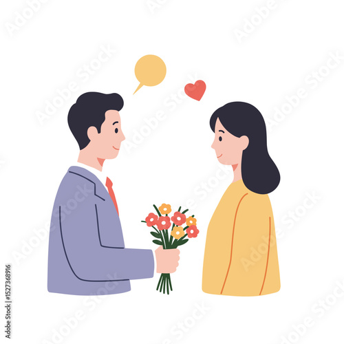 Man giving flowers to woman during first look moment  