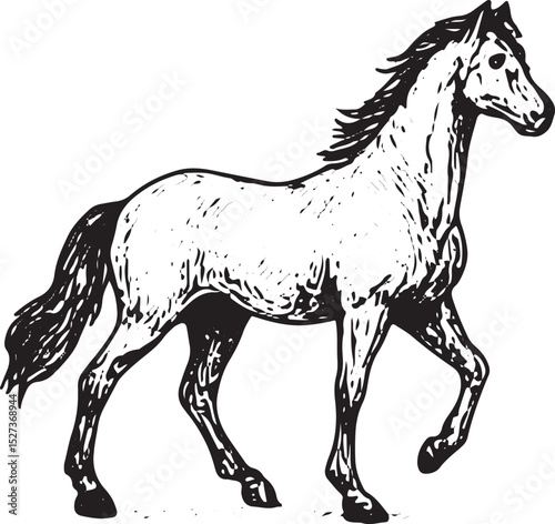 A highly detailed black and white horse illustration, capturing its grace and strength. The flowing mane and dynamic pose enhance its elegance, making it ideal for artistic and equestrian-themed desig