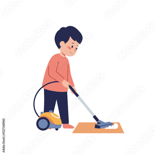 Child vacuuming small rug in bright, modern style  