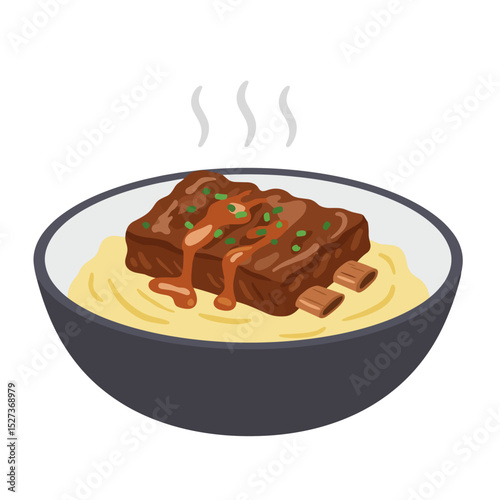Braised short ribs with mashed potatoes in a black bowl  