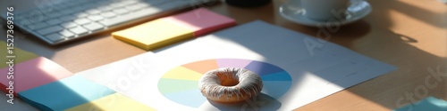 A donut with white icing on a color wheel next to a keyboard and coffee cup in the sunlight