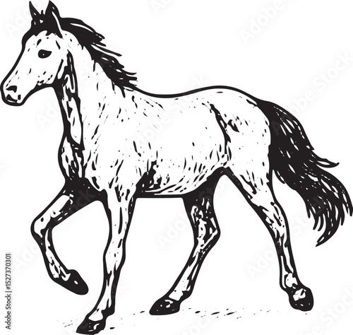 A highly detailed black and white horse illustration, capturing its grace and strength. The flowing mane and dynamic pose enhance its elegance, making it ideal for artistic and equestrian-themed desig
