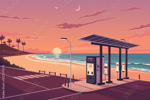 Vector illustration of a sunset beach scene featuring an electric vehicle charging station.  Depict calm ocean waves & vibrant sky.