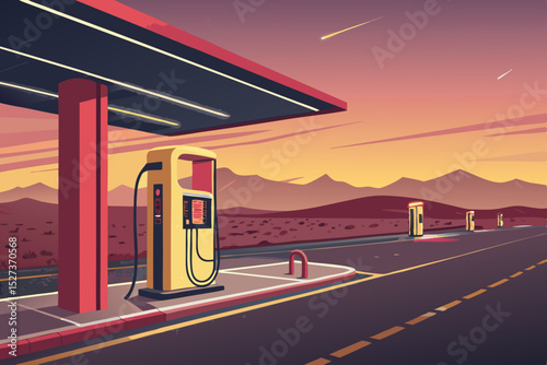 A sleek, futuristic charging station for electric vehicles stands solitary amidst a desolate, sun-baked desert highway under a vast, clear sky.