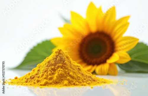 Yellow sunflower lecithin powder with bright sunflower blossom. Natural supplement, healthy nourishment, food, botanical extract, protein. Dietary wellness concept, product demonstration for beauty,