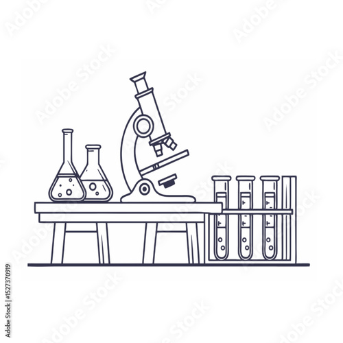 Science Laboratory Setup Outline with Microscope, Flasks, and Test Tubes