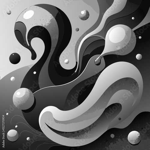 Abstract grayscale swirling forms with floating spheres design