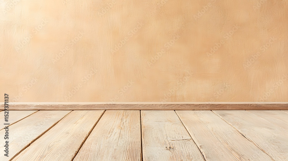 Naklejka premium Light Beige Wall and Wooden Floor Background for Interior Design