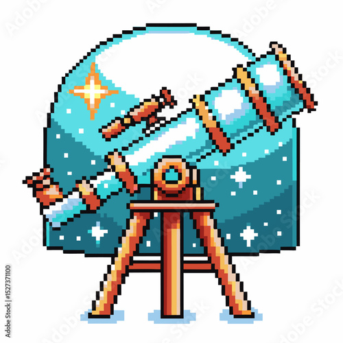 pixel art telescope and observatory under starry night, cosmic exploration concept