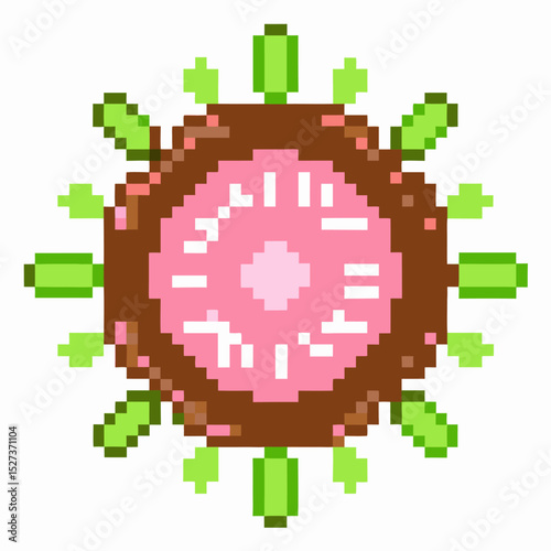 Pixel art virus icon, green and brown digital retro health symbol, microbiology illustration