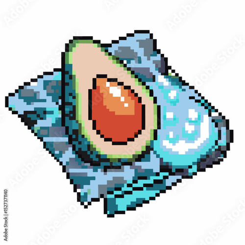 Retro pixel avocado on blue camouflage napkin nostalgic game art