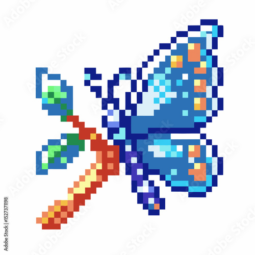 Pixel art butterfly retro blue insect with vibrant colors on white background
