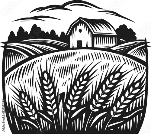 rustic farm landscape with wheat field and barn in vintage woodcut serene rural agriculture scene