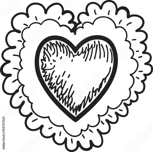 Heart with fluffy cloud layers, hand drawn sketch, simple black and white design