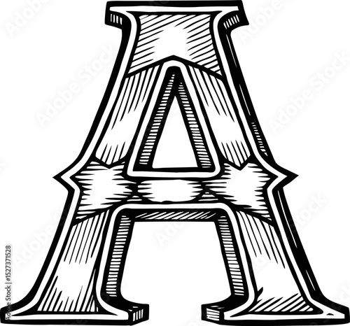 Ornate letter a illustration vintage typography with intricate design, black and white art
