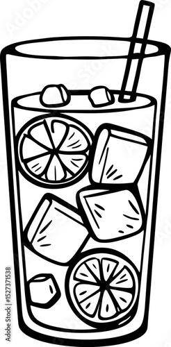 Line art iced lemonade in glass with straw and ice cubes for summer refreshment