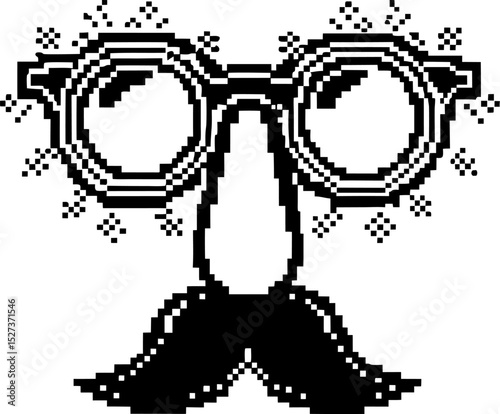 pixel art disguise glasses, nose, mustache in monochrome retro geek humor, nostalgic design