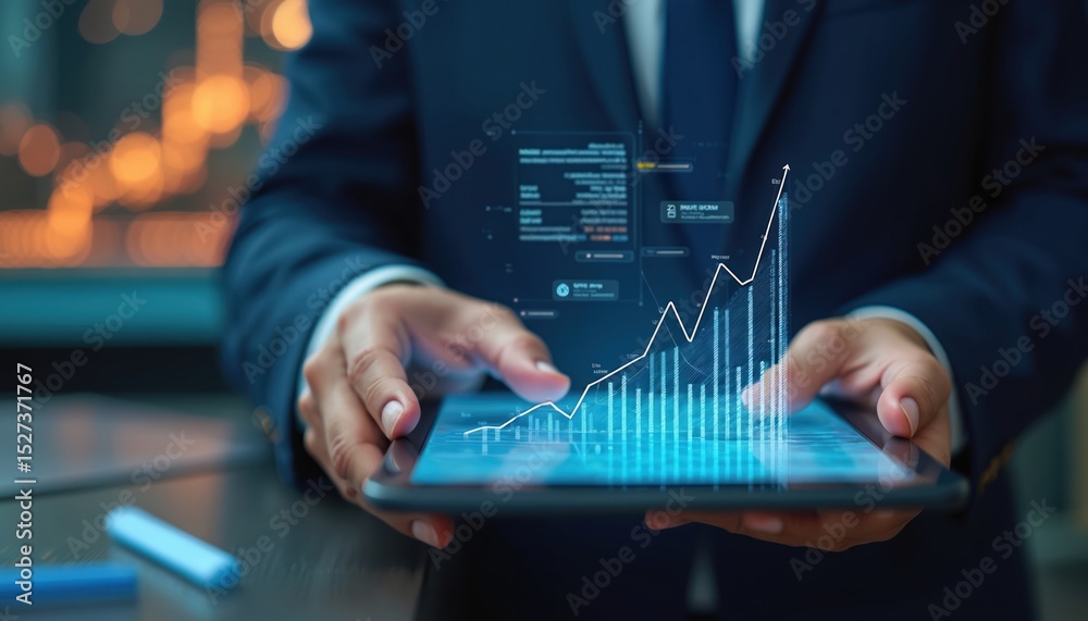 Fototapeta premium Investor using tablet analyzes financial data chart showing revenue growth. Investment strategy, high return mutual funds, increasing profits in market. Business finance, equity income, savings,