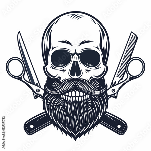 Create a vector illustration of a bold-stroked, bearded skull; detailed, high contrast, black and white.