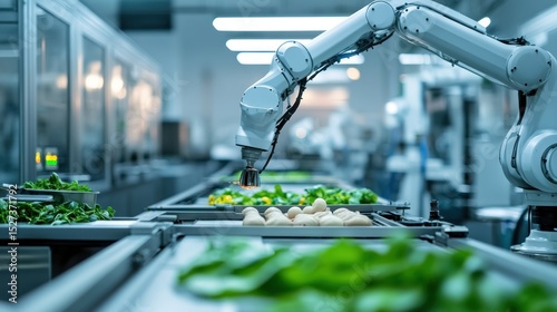 Automated food processing line. Robotic arm handling fresh produce on a conveyor belt within a modern factory