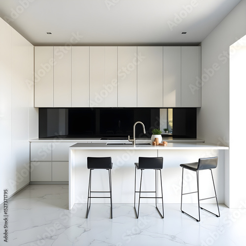 Minimalist kitchen with black backsplash and white walls – A sleek black-and-white kitchen design with matte finish cabinets and bar stools, realistic detail on white background.

