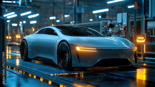 Futuristic electric vehicle on assembly line.  Modern car production in a high-tech factory