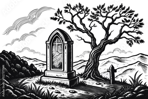 Gothic Gravestone in a Scenic Landscape with a Twisted Tree