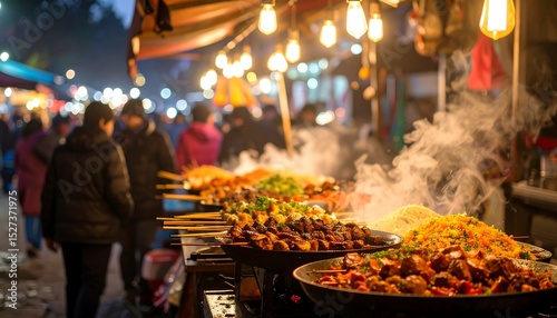Vibrant Night Market Food Stalls with Steaming Dishes and Crowds