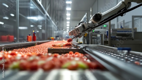 Automated food processing line. Robotic arm sorts and places diced tomatoes on a conveyor belt in a modern factory