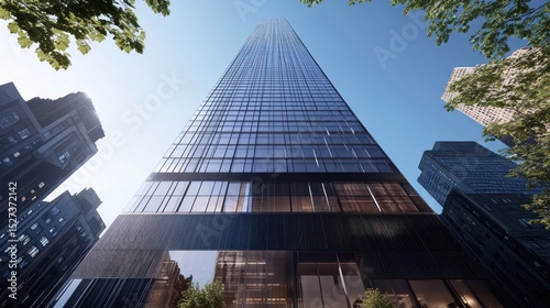 Modern skyscraper rising above the city skyline.  Glass and dark panels contrast.  Urban, high-rise architecture