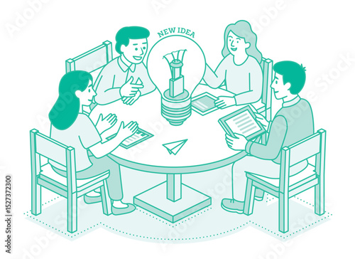 Creative team brainstorming at a round table. Four people discuss ideas with light bulb. Business innovation and teamwork concept. Isometric illustration.