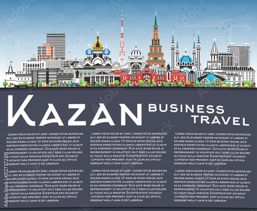 Kazan Russia city skyline with color buildings, blue sky and copy space. Kazan cityscape with landmarks. Travel and tourism concept with modern and historic architecture.