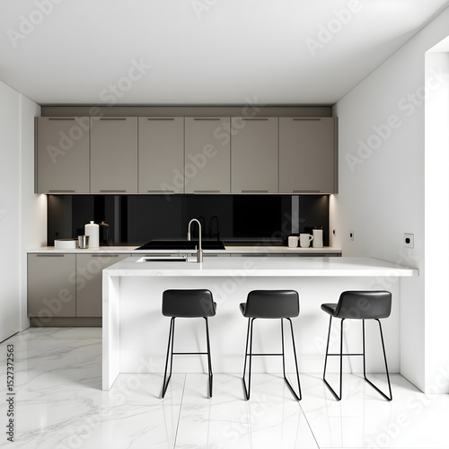 Minimalist kitchen with black backsplash and white walls – A sleek black-and-white kitchen design with matte finish cabinets and bar stools, realistic detail on white background.


