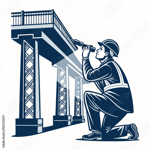 Create a bold vector illustration of a bridge inspector checking a bridge's structural integrity.
