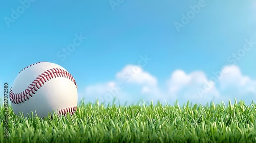 Baseball on Green Grass with Blue Sky and Clouds in Background